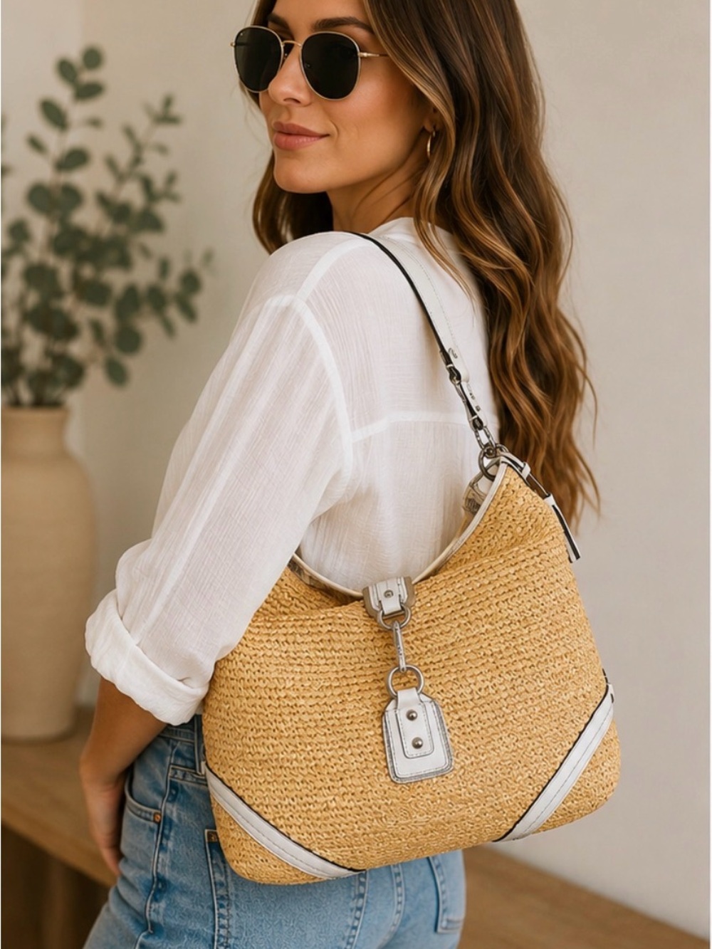 Rare Vintage Coach Raffia Hobo Bag Ivory Leather Hamptons Coastal Luxe Y2K